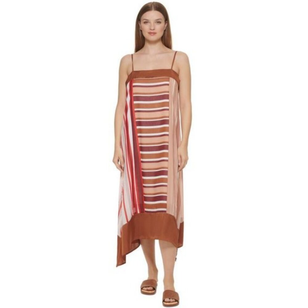 DKNY Women's Mixed Stripe Asymmetric Slipdress Brown